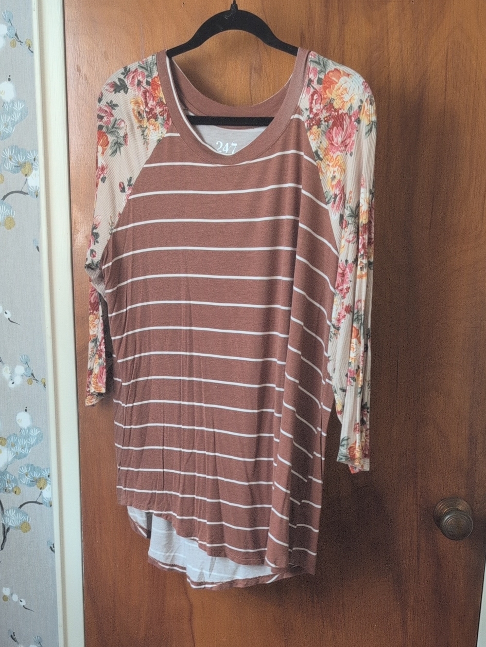 Maurices Brown Striped Raglan Top with Cream Floral Sleeves